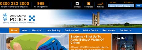 Screen capture of West Mercia Police website